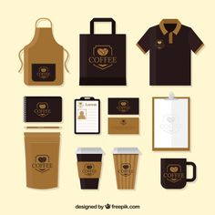 coffee shop logo and stationery set with paper bag, clipboard, notebook, cup