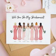 there are four bridesmaids in pink dresses on the card, and one is holding a pumpkin