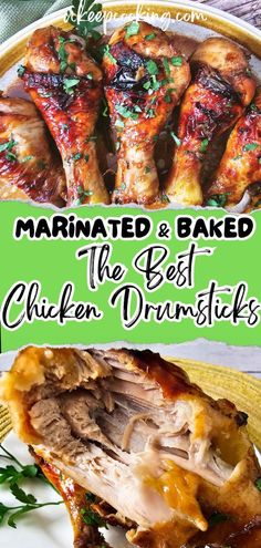 marinated and baked chicken drums on a plate with text overlay that reads marinated & baked the best chicken drums