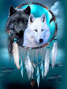 two white wolfs with blue eyes are in a dream catcher