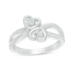 The perfect surprise, this shimmering fashion ring is a symbol of your affection. Crafted in sterling silver, this sweet design features a pair of heart outlines centered with diamond accents artfully set to enhance size and sparkle. Polished and diamond-accented ribbons create the split shank. Buffed to a brilliant luster, this charming choice will surely be her go-to-style. Custom-made to fit her ring size. Sterling silver rings cannot be resized after purchase Cheap Silver Rings, Sterling Silver Name Necklace, Her Ring, Mens Gold Jewelry, Michael Kors Jewelry, Silver Jewelry Design, Sterling Silver Engagement Rings, Sterling Jewelry, Split Shank