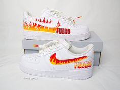 Custom Nike Air Force 1 Fire Fuego Red Yellow Orange and White with the option to CREATE YOUR OWN pair.  Please send me a message with your name you want on your shoes and a icon/photo/object you want on it too prior to purchasingprices may vary based on design * Hand painted Nike Air Force 1 07 Low * Please order correct size and view the shoe chart provided in pics- i will send you a message after ordering to confirm the size * Wipe with damp clean cloth * Shoes are 100% genuine & are bought f Custom Air Force Ones, Fire Shoes, Shoe Chart, Painted Nikes, Custom Sneakers Diy, Wrestling Shoes, Custom Painted Shoes, Nike Air Force 1, Air Force Ones