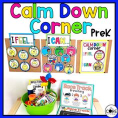 a classroom desk with posters and other items for the calm down corner pre - k