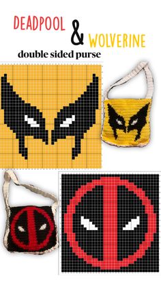 the deadpool and wolverine cross - stitch purse pattern is shown in three different colors