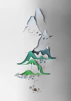 paper cut mountains and trees with birds flying over them on a white wallpaper background