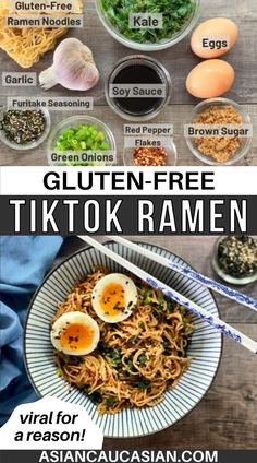 the ingredients for this gluten - free tikto ramen are shown in bowls