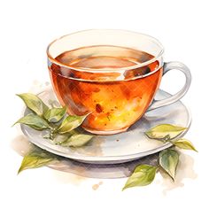 a painting of a cup of tea on a saucer with green leaves around it