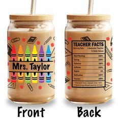 two jars filled with different colored crayons and the words mrs taylor on them