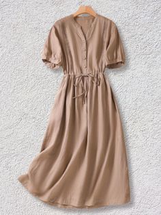 Women's Cotton Linen Dress Casual V-Neck Short Sleeve Summer Midi Dress Solid V-neck Shift Dress, V-neck Shift Dress In Solid Color, Plain Non-stretch Knee-length Dresses, Casual A-line V-neck Dress, Casual Beige Solid Color Dress, Spring A-line V-neck Dress, Shift V-neck Midi Dress, Non-stretch V-neck Daywear Dresses, Non-stretch V-neck Dresses For Daywear