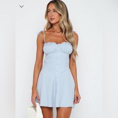 Color: Baby Blue Flirty Blue Sundress For Spring, Cute Light Blue Mini Dress For Spring, Cute Fitted Light Blue Mini Dress, Flirty Blue Fitted Sundress, Light Blue Mini Sundress, Light Wash Mini Dress For Vacation, Light Blue Flirty Mini Dress For The Beach, Light Blue Fitted Sundress For Brunch, Flirty Light Blue Mini Dress For Beach