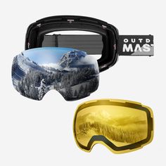 two ski goggles and a snowboarder's mask are shown in this image