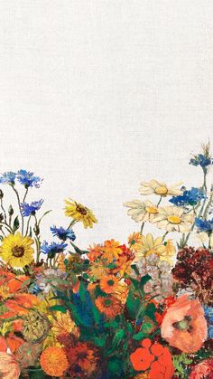 an oil painting of colorful flowers against a blue sky