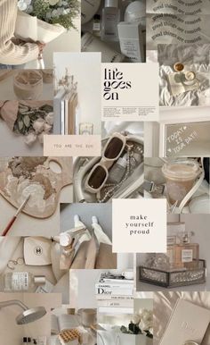 the collage shows many different items in white and beige colors, including shoes, perfume bottles