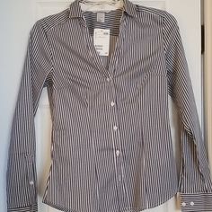 Nwt Navy Oil Stripe Button Down Blouse Stretchy .Material Striped Button-up Blouse For Office, Striped Button Blouse For Work, Button-up Shirt For Office Wear, H&m Button-up Blouse With Button Closure, Chic Button-up Shirt By H&m, Chic H&m Button-up Shirt, Chic H&m Shirt With Button Closure, Classic Button-up Blouse By H&m, Classic Button-up Tops By H&m