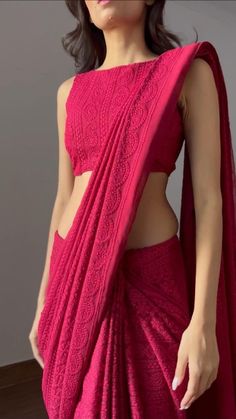 Soft chikankari jorget saree with sleeveless blouse. You customised it for your own choise. Saree With Sleeveless Blouse, Bridesmaids Saree, Draping Saree, Ootd Red, Saree Looks, Wedding Wear Saree, Chikankari Saree, Saree Wearing Styles