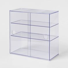 three tiered clear plastic display case with blue trim around the bottom and two shelves on each side