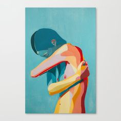 a painting of a pelican in blue and yellow with a hat on it's head