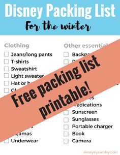 disney packing list for the winter with free printables and instructions to pack in