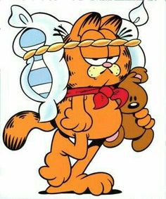 an image of garfield the cat holding a teddy bear in his arms with words on it