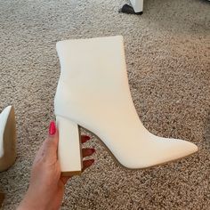 The Description Says 9. I Felt Like They Ran Small So Maybe An 8/8.5 Because They Don’t Fit Me. Never Worn Because They’re Tight On My Toes White Long Boots, White Ankle Boots, Christmas Dance, Dance Ideas, Classy Fits, White Boots, Long Boots, Bootie Boots, Red Dress