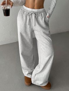 Contrast Color Waistband Drawstring Pockets Casual Wide Leg Baggy Sweatpants Grey    Knitted Fabric Plain Wide Leg Slight Stretch  Women Clothing, size features are:Bust: ,Length: ,Sleeve Length: Shein Sweatpants, Sweatpants Wide Leg, Grey Tracksuit, Girl Sweatpants, Sweat Pant, Sweatpants Outfit, Comfortable Pajamas, Wide Leg Sweatpants