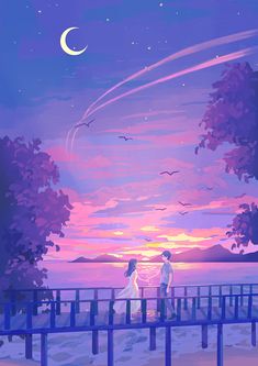 two people are standing on a bridge looking at the sunset and stars in the sky