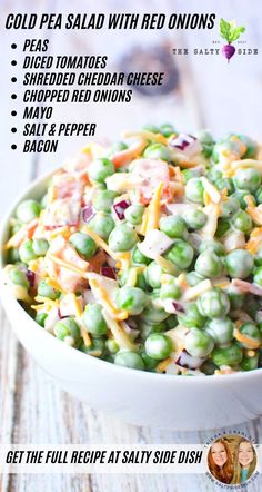 a white bowl filled with peas and cheese