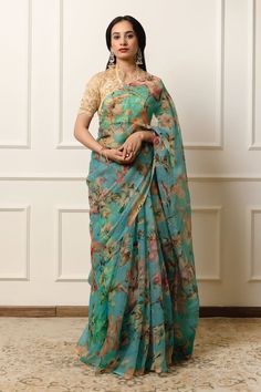 Turquoise saree featuring flora print all over. Comes with an unstitched blouse piece. - Aza Fashions Turquoise Saree, Flora Print, Blossom Print, Green Saree, Blue Saree, Printed Sarees, Blouse Piece, Aza Fashion, Floral Print