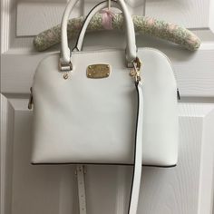 This Has Detachable Strap And Gold Accents. Lots Of Organizational Pockets In This Small Satchel! Classic White Shoulder Bag With Gold-tone Hardware, Luxury White Shoulder Bag For Spring, White Formal Shoulder Bag For Spring, Formal White Shoulder Bag For Spring, Classic White Satchel For Shopping, White Formal Satchel With Handles, Elegant White Satchel For Errands, Formal White Satchel With Handles, White Formal Satchel