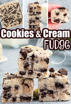 cookies and cream fudge bars stacked on top of each other with the words, cookies and cream fudge below