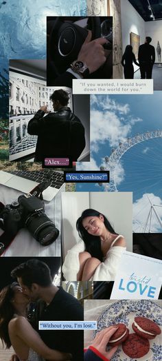 a collage of photos with people and buildings in the background, including a ferris wheel