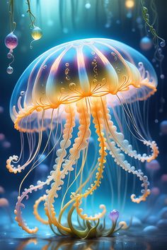 a jellyfish floating in the ocean surrounded by bubbles