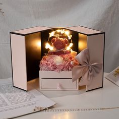 a teddy bear in a box with lights