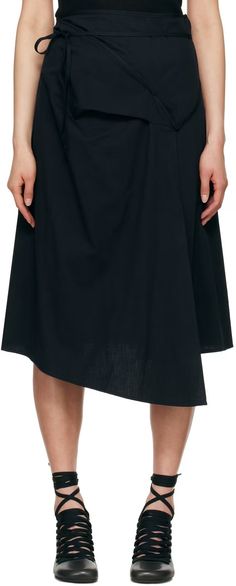 LEMAIRE: Navy Asymmetrical Tied Midi Skirt | SSENSE Asymmetrical Cotton Wrap Skirt For Workwear, Chic Asymmetrical Hem Cotton Skirt, Chic Cotton Skirt With Asymmetrical Hem, Asymmetrical Cotton Bottoms For Work, Chic Asymmetrical Cotton Skirt, Cotton Midi Wrap Skirt, Asymmetrical Cotton Relaxed Skirt, Asymmetrical Cotton Skirt With Relaxed Fit, Knee-length Cotton Wrap Skirt