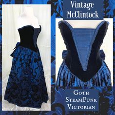 Gorgeous Vintage 80s Scott Mcclintock Strapless Dress Gunne Sax 'Style' Legacy Dress Perfect For: Fall & Winter, Prom, Winter Ball, Wedding Guest, Costume, Cosplay, Halloween Style: Victorian Goth, Whimsy Goth, Punk, Indie, Alternative, Steam Punk, Dark Cottage Core Blue Iridescent Tafetta & Black Flocked Floral Velvet Bodice Basque Waist, Velvet Bustier W/ Pleated Blue Tafetta Inset Jumbo Bow, Tulle Underskirt Regardless Of Size On Label (Which Says Juniors Size 8) This Dress Measures As A Juniors Xs Or Womens Xs Listing As An Xs Please Measure Yourself And Compare With Sizing Below Which Is The Ultimate Size Reference ~16" Pit To Pit Laid Flat ~26" Waist ~33" Waist To Hem *Lovely Vin Scott Mcclintock Dress, Ivory Prom Dresses, Black Lace Overlay Dress, Black Velvet Gown, Velvet Bustier, Basque Waist, Winter Ball, Tulle Underskirt, Black Evening Gown