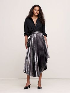 Pleated Asymmetrical Midi Skirt | Banana Republic Asymmetrical Midi Skirt, Metallic Skirt, Pleated Midi Skirt, Twill Fabric, Midi Length, Banana Republic, Midi Skirt, Personal Style, Autumn Fashion