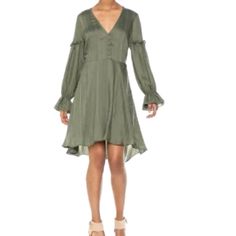 About This Item Fabric Self: 77% Viscose, 23% Nylon; Lining: 100% Polyester Imported Zipper Closure Hand Wash V-Neck High-Low Hemline Description Made From Silky Jacquard Shirting, This Breezy Dress Has A Deep V-Neckline, Long Poet Sleeves, And A Full, High-Low Hemline. Color Dustyolive. Blue High Low Dress, Tied Dress, Olive Green Dress, High Low Maxi Dress, Olive Green Dresses, Breezy Dress, Hi Low Dresses, Teal Dress, Maxi Dress Navy