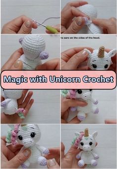 the instructions for making an unicorn crochet toy are shown in several different pictures