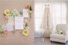 a wedding dress hanging on the wall next to a chair with flowers and other items