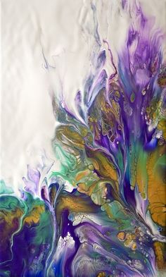 an abstract painting with purple, green and yellow colors