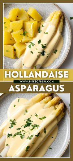 two plates with food on them and the words hollandaise asparagus