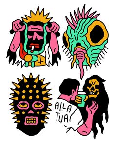 three stickers with different types of tattoos on them, one has an alien head and the other has a human face