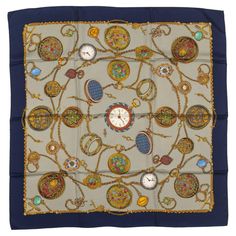 Gucci Vintage Clock Silk Scarf. The piece's print shows different clocks. It is in good condition and has minor stain. Mario Testino, Old Clocks, Gucci Vintage, Scarf Design, Vintage Clock, Elizabeth Taylor, Grace Kelly, Vintage Gucci, Silk Scarf