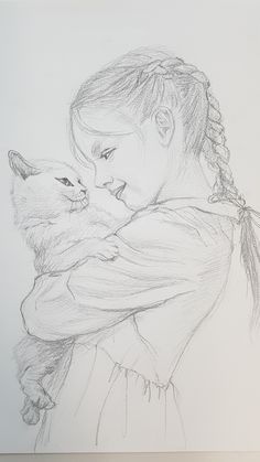 a pencil drawing of a girl holding a cat in her arms and looking at the camera