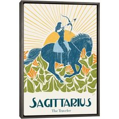 a poster with a woman riding on the back of a horse and holding an arrow