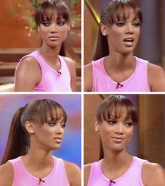 four pictures of a woman with different hair styles and makeup looks like she is talking on the talk show