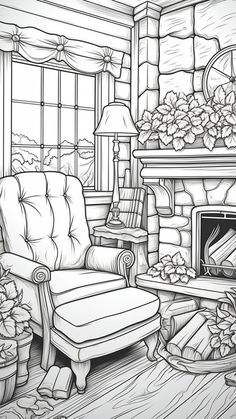 a drawing of a living room with a fireplace and chair in the center, surrounded by potted plants