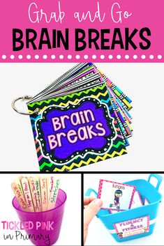 the words brain breaks are shown in this collage with pictures and text on it