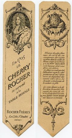 an old fashioned bookmark with the words le cherry rocher on it's side