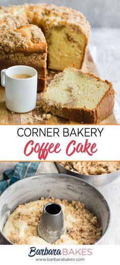 a loaf of coffee cake on a cutting board with the words, corner bakery coffee cake